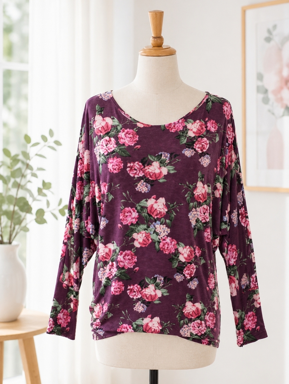 White Birch Floral Top 1X Burgundy Boho Flowy Dolman Sleeve Blouse Fall Spring